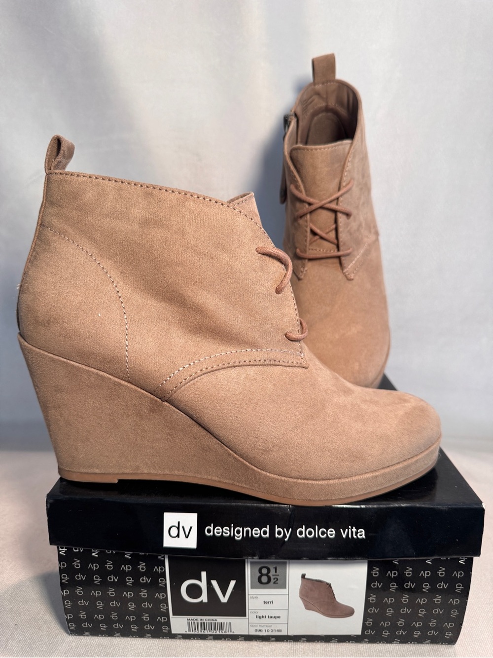 DV by Dolce Vita Taupe Suede Wedge Ankle Boot